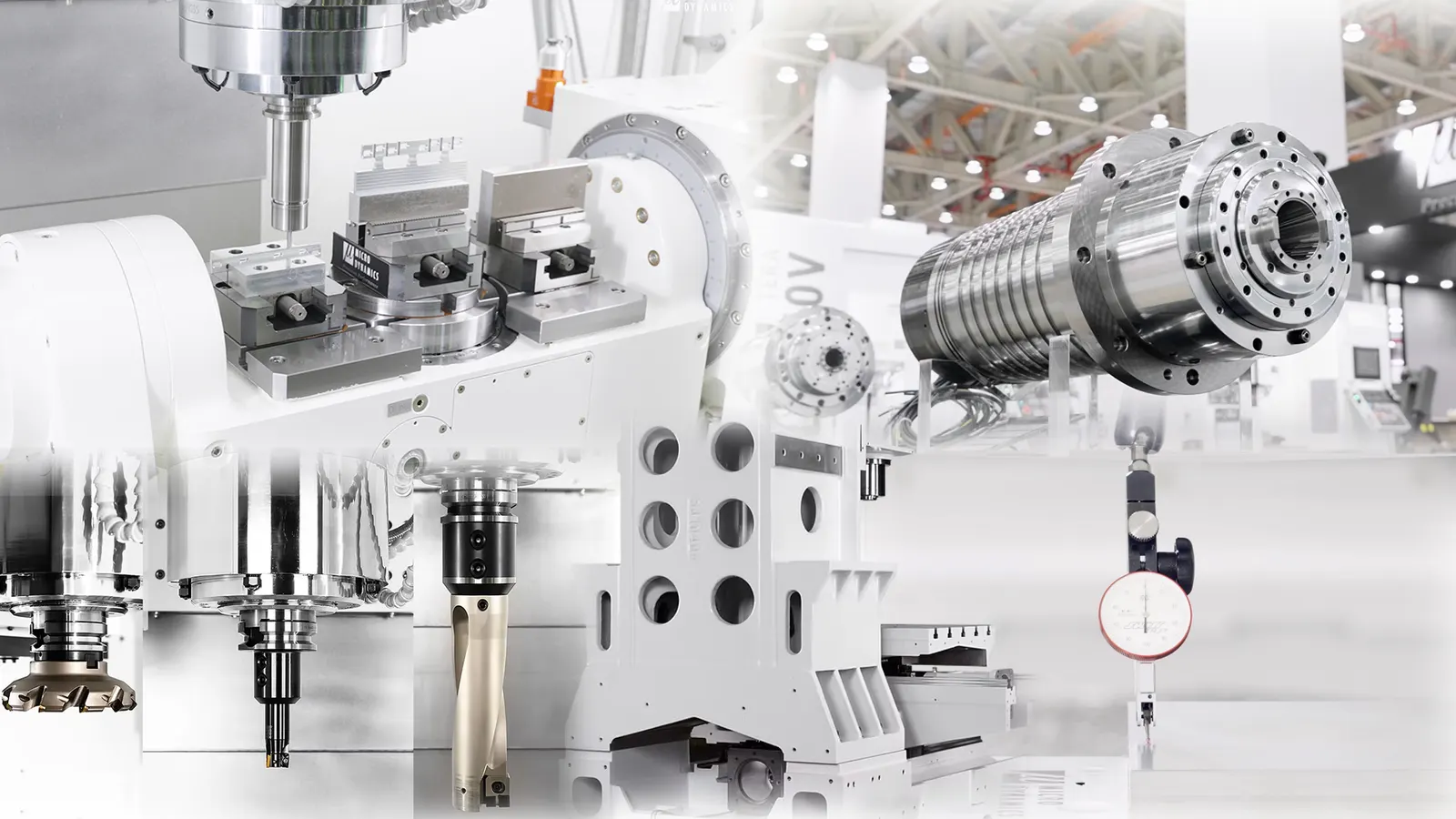 A collage of a trunnion table, built-in spindle, large tooling, rigid structure and micrometer on mirror surface. Showing some important factors when looking at CNC machines.