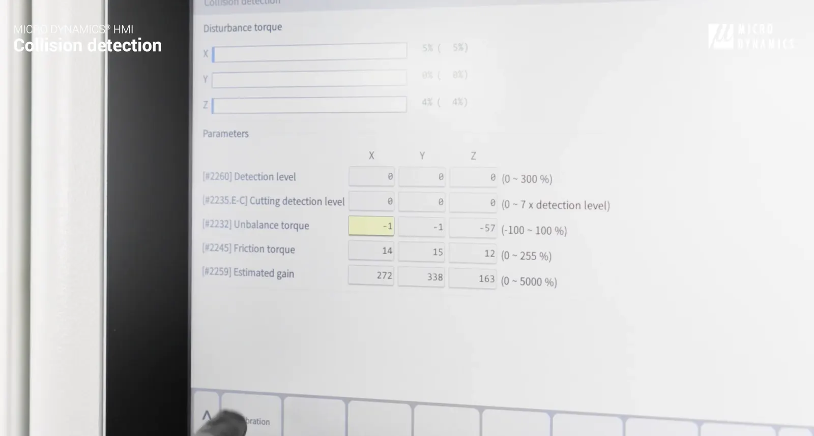 MicroDynamics HMI Screen Showing Collision Detection Parameters