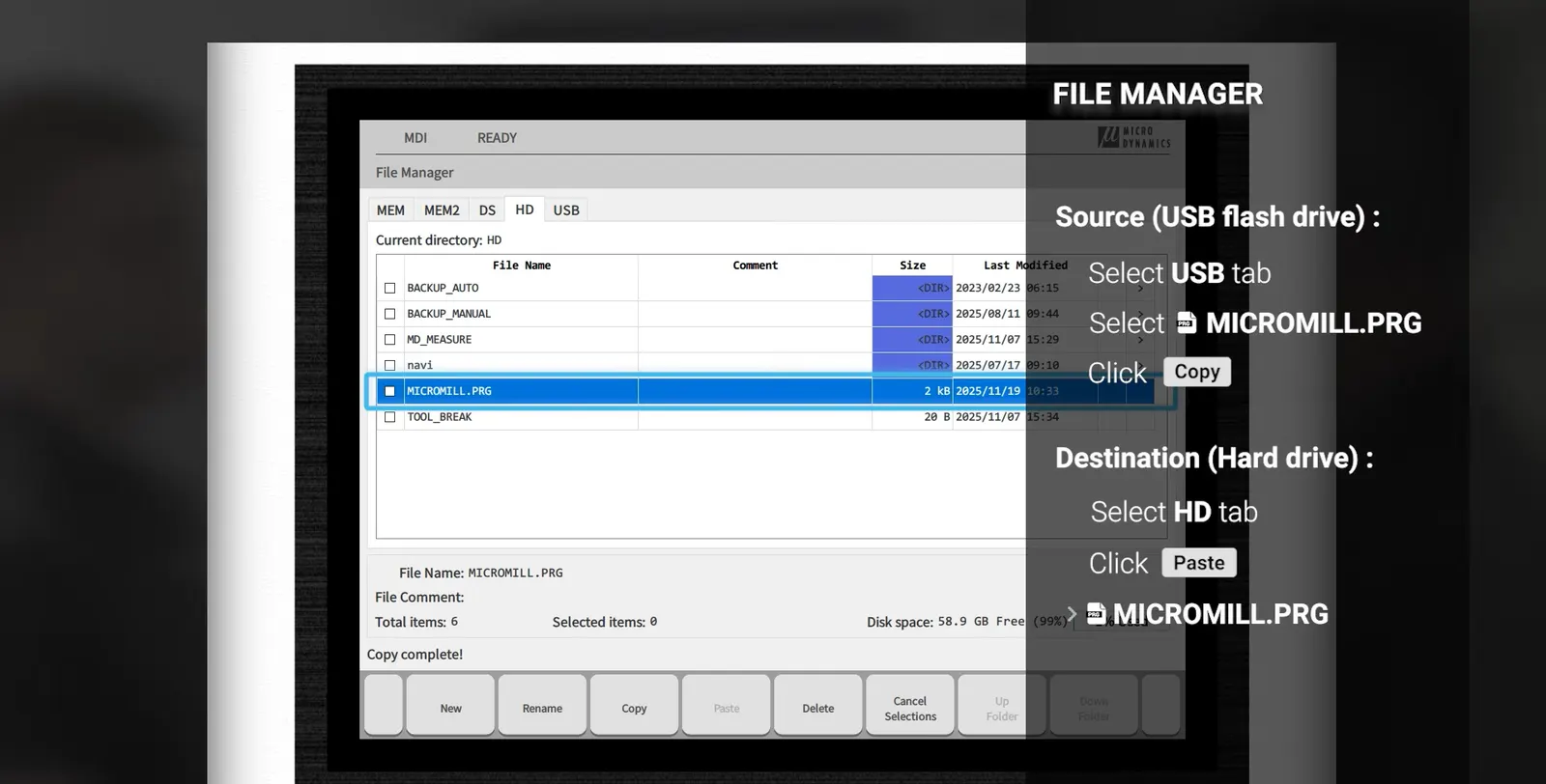 How to copy files from USB to hard drive microdynamics cnc machine hmi