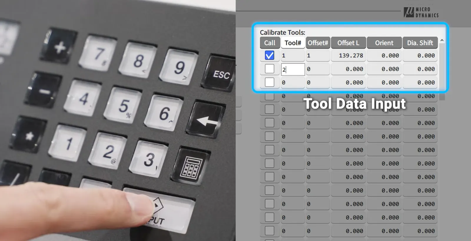 For manual input, press "Clear list" on your HMI screen and input the tool numbers automatically. on Micro Dynamics CNC machine HMI