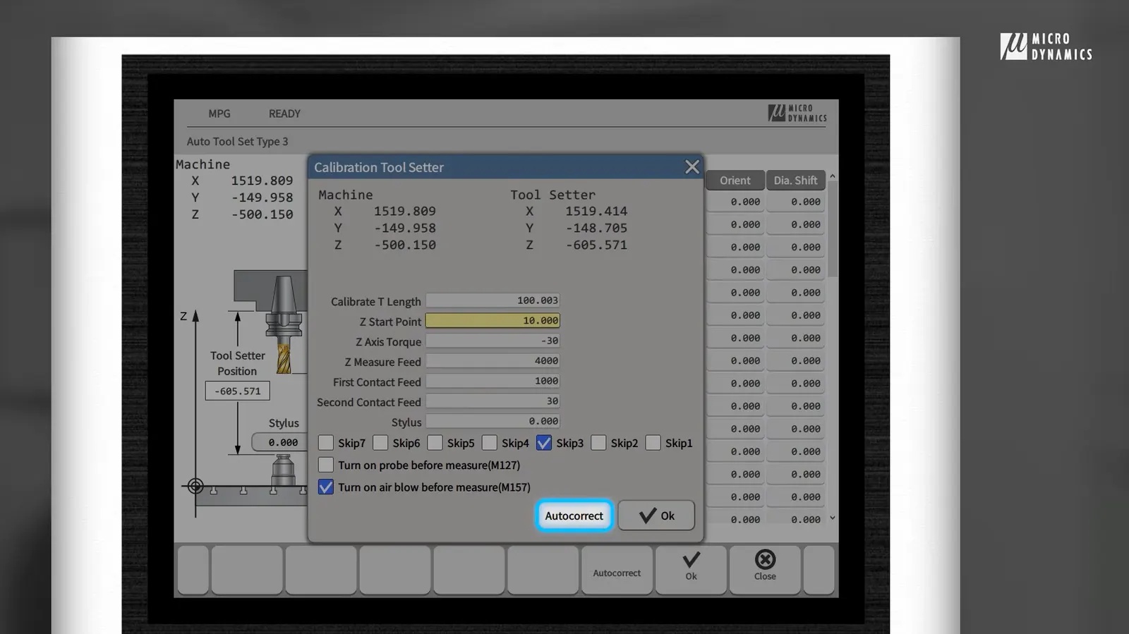 After positioning a known tool of known length to above 10mm of the LTS stylus, press the "Tool" button on the keypad, then press "Calibration Tool Setter" on the HMI screen, enter the known tool's length. enable "Skip3", enable "Turn on air blow before measure", and press "Autocorrect". Change mode to MDI, then simply Start. On Micro Dynamics HMI CNC Machine