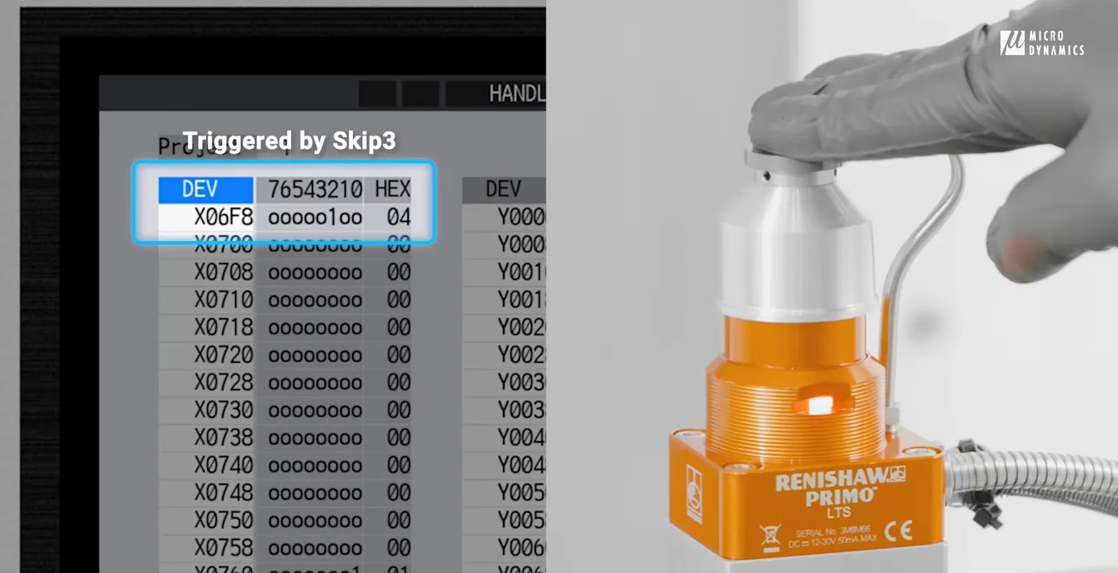 After restart, press the "Monitor" button on the HMI keypad, search for "X6F8" input, then touch the probe to confirm the skip signal goes to 1 on Micro Dynamics HMI CNC Machine