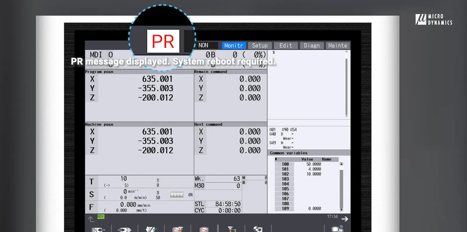 PR message is displayed on Micro Dynamics HMI CNC Machine