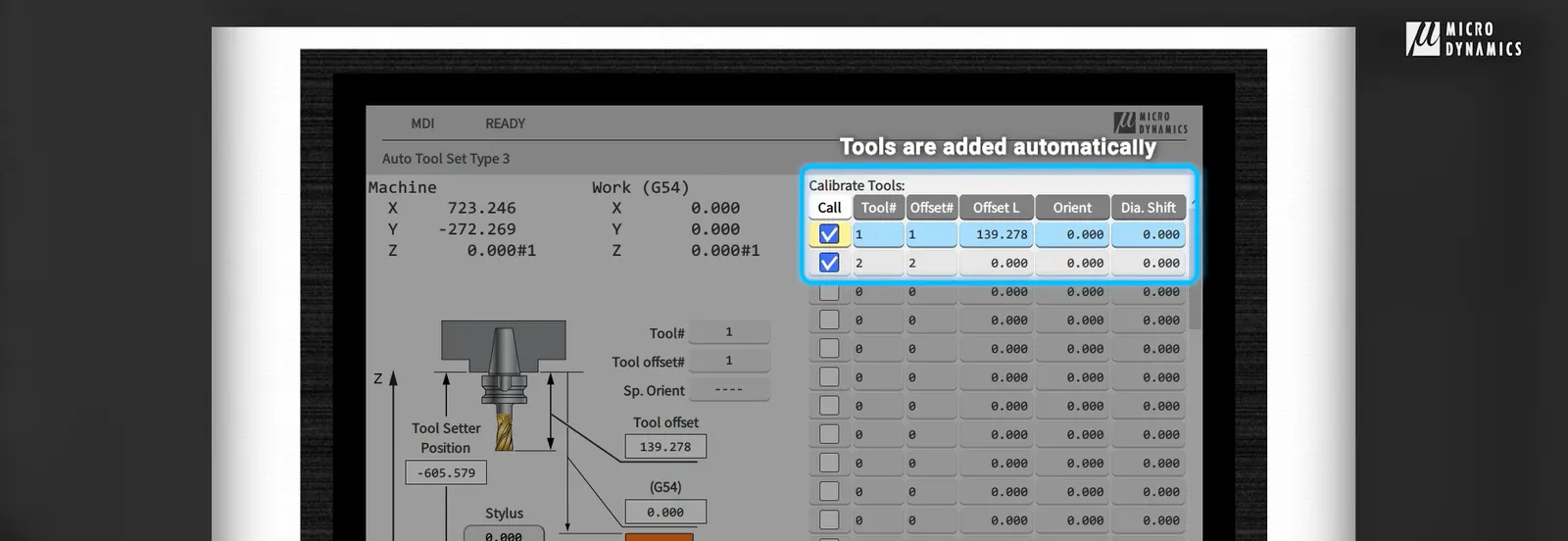 The tools will be automatically added on Micro Dynamics HMI cnc machine