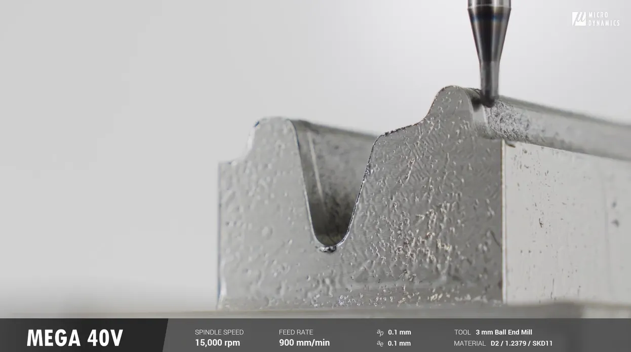 The finishing stage of machining the mating mold. 3mm Ball End Mill, Feed rate of 900mm/min, Spindle speed of 15000rpm