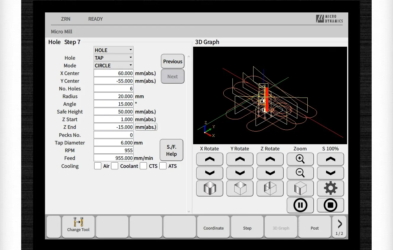 Micro Mill MICRODYNAMICS HMI screen displaying a "hole" step with a preview on the right.