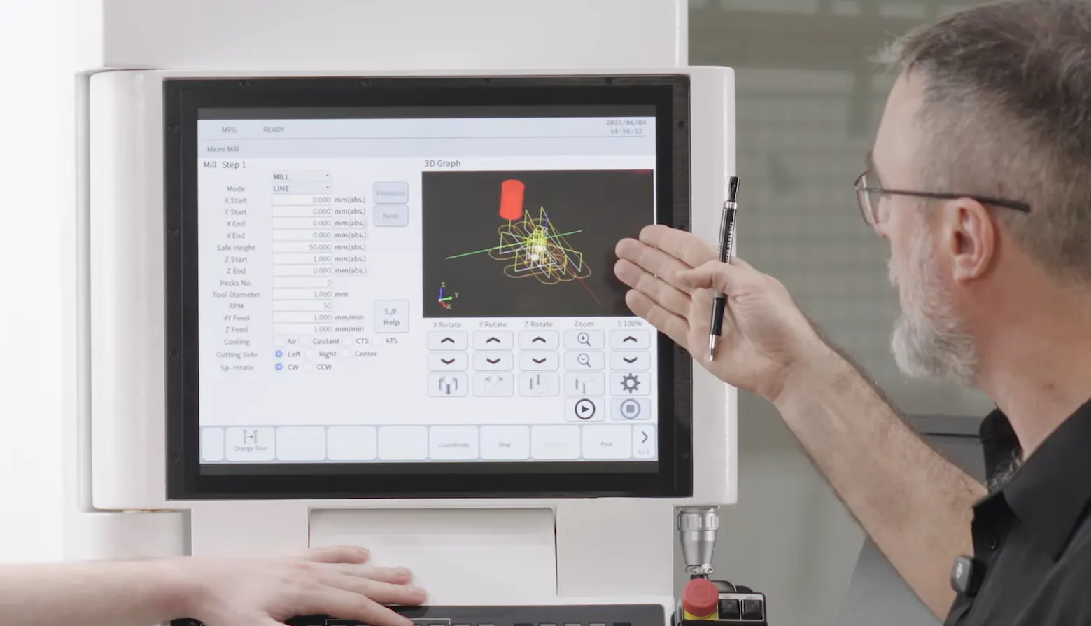 Demonstrating MICRO MILL as part of the MICRO DYNAMICS HMI. The user can set up steps and get a preview of their program.