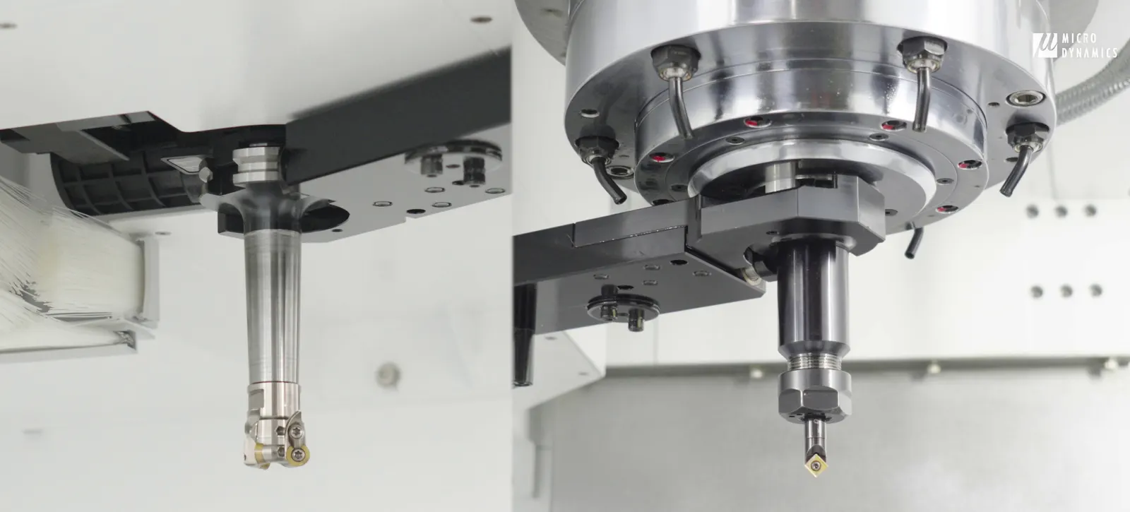 Both Ends Of The Automatic Tool Changer Actively Swapping Tools On A MicroDynamics CNC Machine