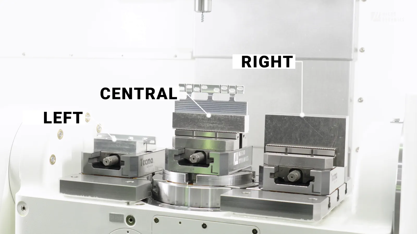 The left, central and right pieces on a 3 stage process in a single cycle CNC machine VMC, trunnion table